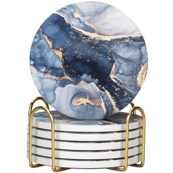 6 Pack Ceramic Absorbent Drink Coasters Navy Blue Marble with Metal Holder