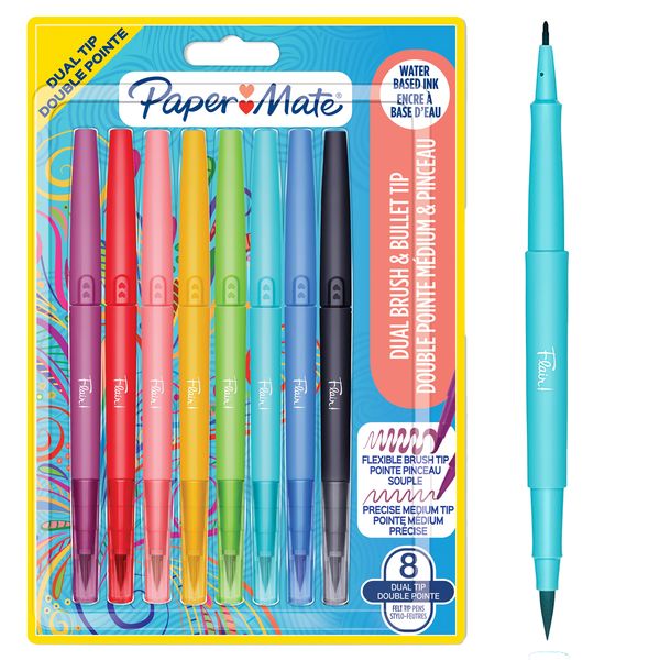 PAPER Mate Flair Felt Tip Dual Med 0.7mm &amp; Brush Tip 8's