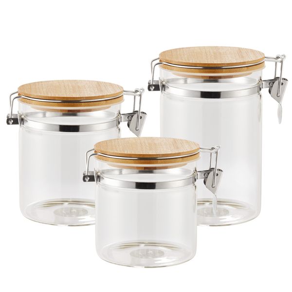 Chenshia Glass Storage Jar with Airtight Locking Clip Bamboo Lid - Set of 3