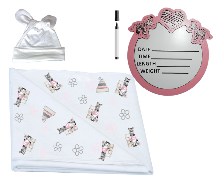 Swaddle, Newborn Beanie &amp; Birth Announcement -Pink Zebra