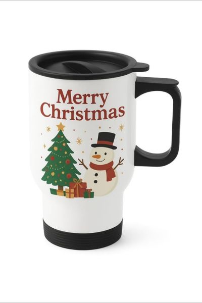 Festive Merry Christmas Snowman and Tree Ceramic Travel Mug