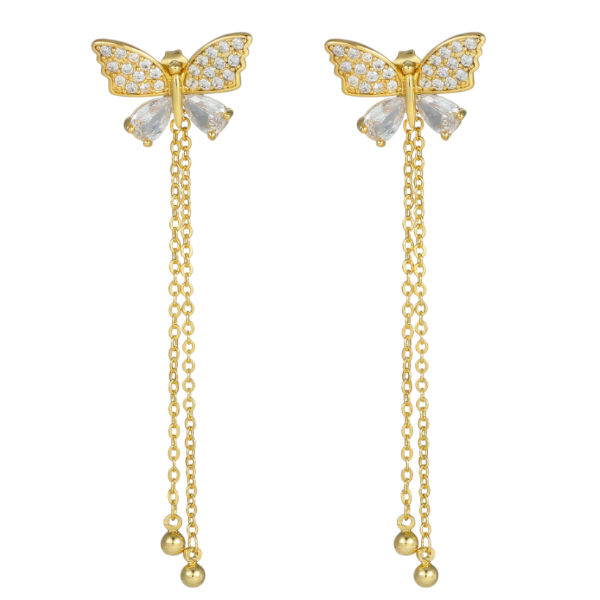 Butterfly Dangle Earrings with Delicate Chain and Rhinestone Accents - Gold
