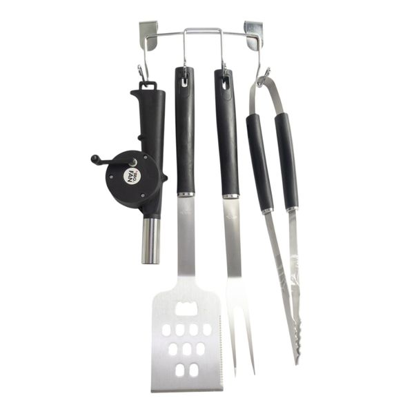 5 Piece Stainless Steel Braai Set - Tools, Fan &amp; Holder BBQ Grill Kit