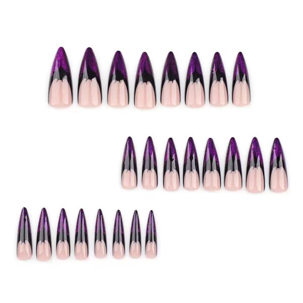 Halloween Bats Long Stiletto Nails Purple Glitter French Tips Fake Nails