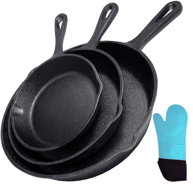 Cast Iron Skillet Set With Silicone Mitts Pan Cookware Cooking and Chef
