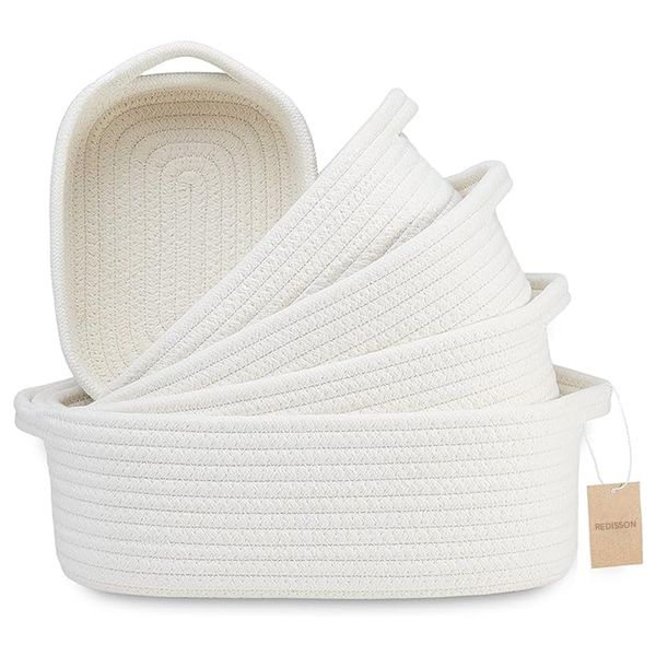 5 Piece Rectangle Storage Basket Set Natural Cotton Rope Woven