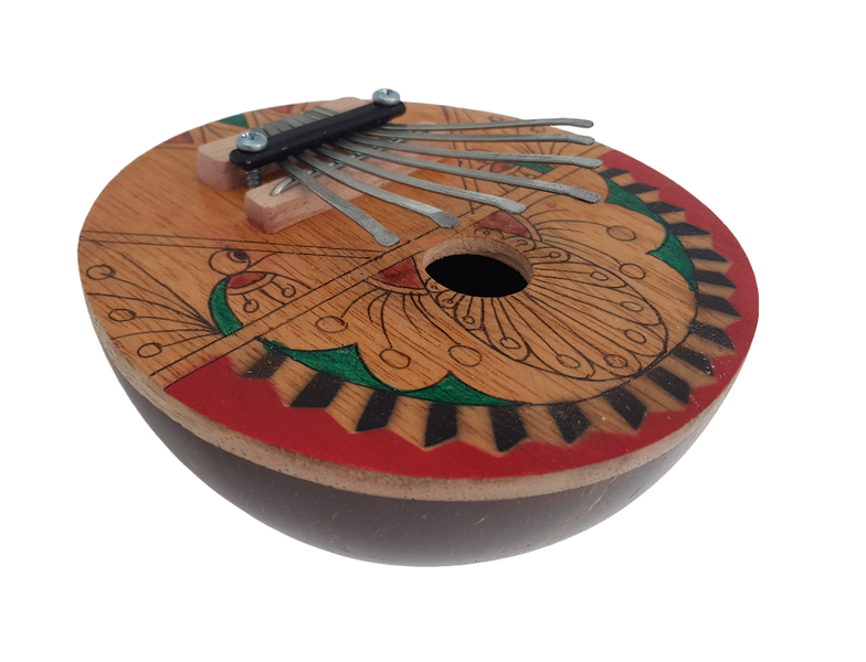 Mbira / Thumb Piano - Real Coconut Shell Painted Red/Green Pattern - 7 Keys