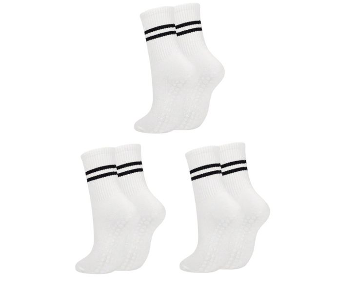 Moisture-Absorbent Calf Length Yoga Socks With Grip - White - 3 Pairs