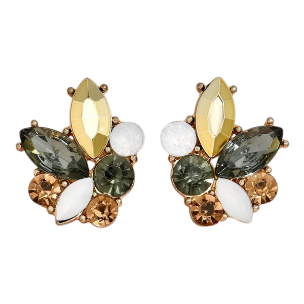 Crystal Stud Earrings With Gold-Tone Floral Cluster Design - Multicolor