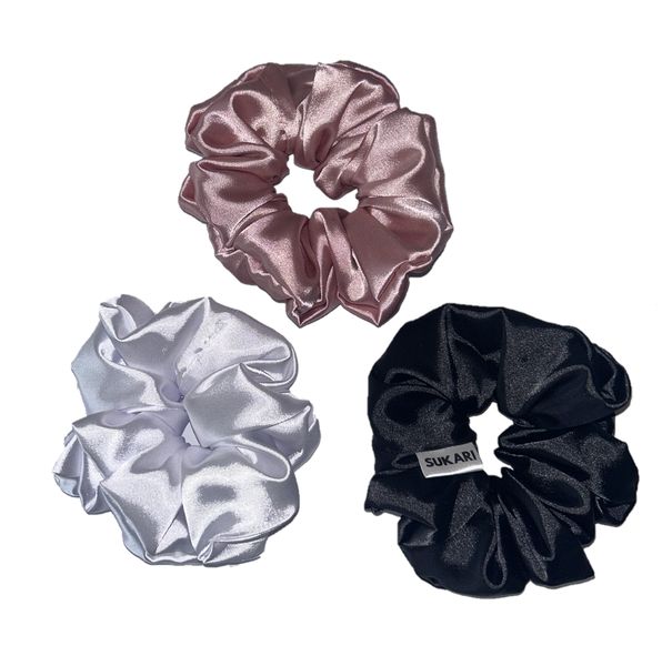SUKARI - Satin Scrunchies - 3 Pack (Pink, White &amp; Black)