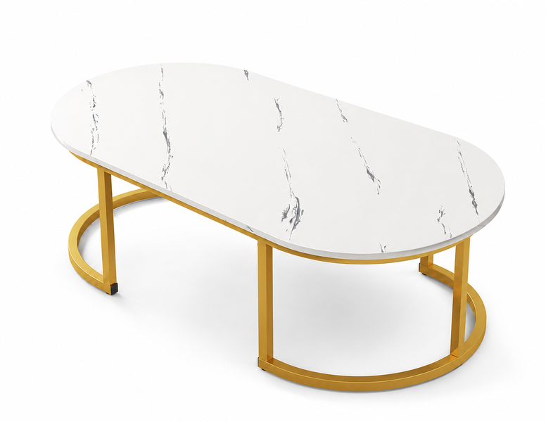 Modern Oval Marble-Effect Coffee Table With Gold image