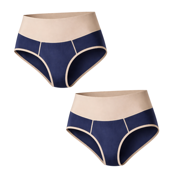 Modern Two-Tone High-Waist Briefs - Beige/Navy Blue - 2-Pack