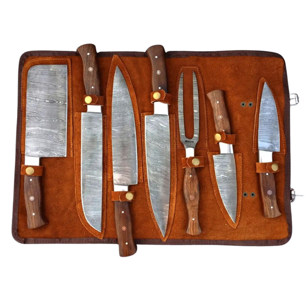 Handmade Damascus Steel Chef's Kitchen Cutlery Set with Leather Sleeve