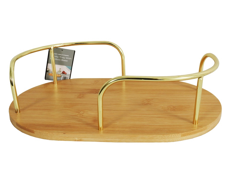 Bamboo Vanity Tray 1 TierRound - With Gold Handle