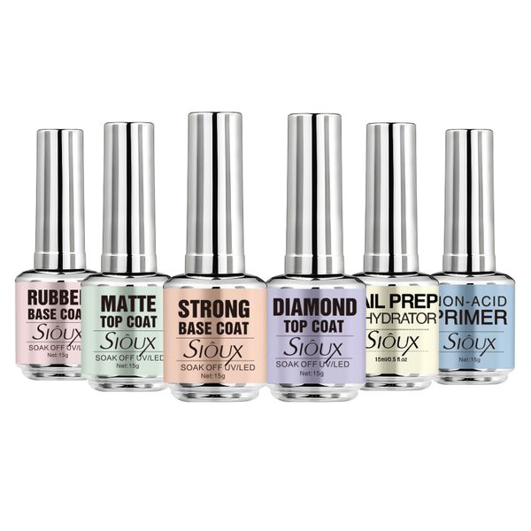 Sioux 6 Piece Nail Prep Kit - Professional Gel Nail System Top Base Coat