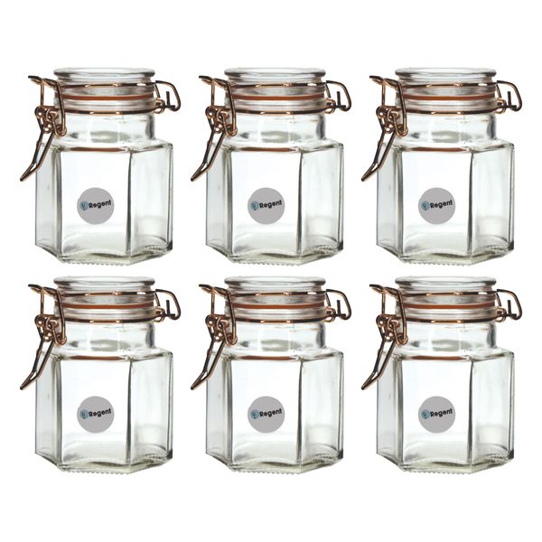 Regent 100ml Glass Hexagonal Hermetic Jars With Rose Gold Clip 6 Pack