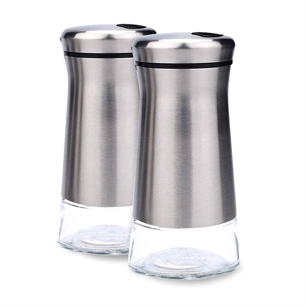 Stainless Steel Salt And Pepper Shakers Set With Glass Base