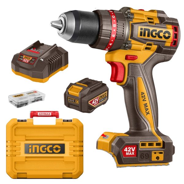 Ingco - Cordless 69Nm Impact Drill (42V) with 2Ah Battery, Charger &amp; Acc