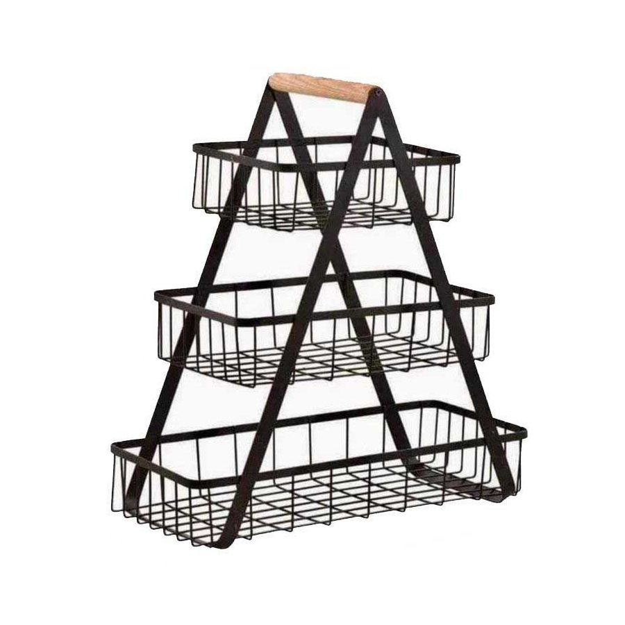 3Levels Fruits and Vegetable Storage Basket Rack With Wooden Handle