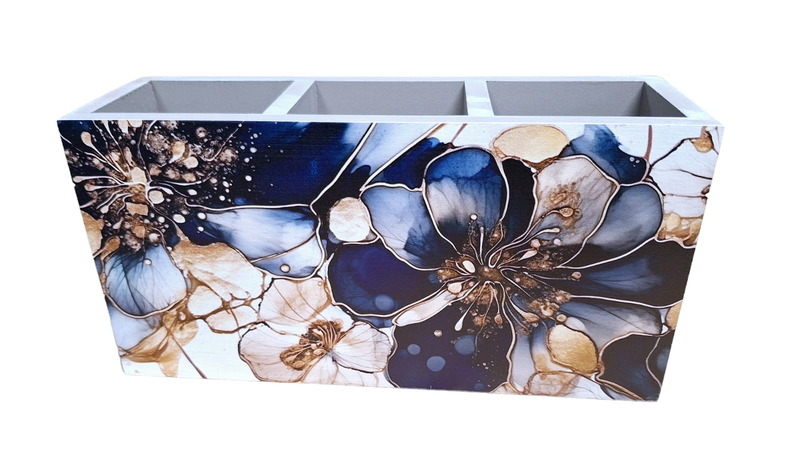 Blue &amp; Gold Flowers Cutlery or Stationary Holder