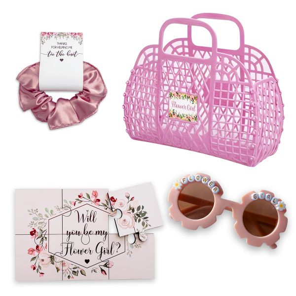 Flower Girl Wedding Gift Set Jelly Basket, Scrunchie, Puzzle &amp; Sunglasses