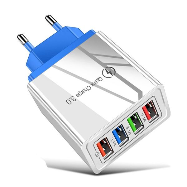 USB Wall Charger/ Adapter - 4 Port Fast Charge Compatible - White &amp; Blue