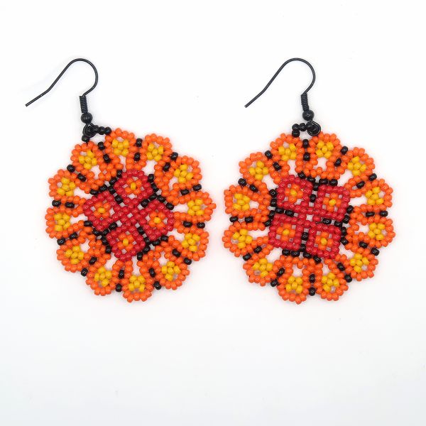 Handmade Orange Colour Burst Beaded Huichol Style Earrings
