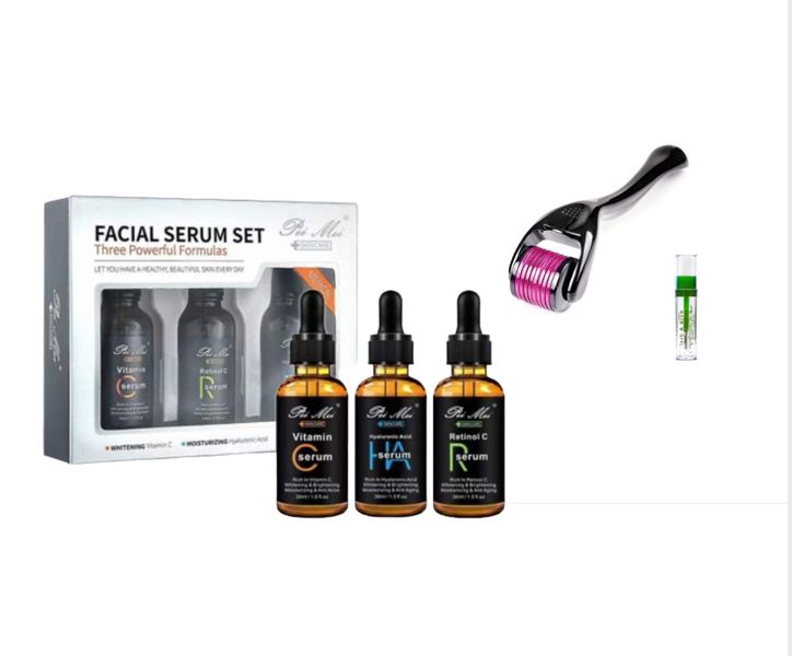 Silver Serum Set: Vitamin C, Hyaluronic Acid &amp; Retinol, Derma Roller &amp;Brow