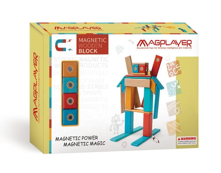 Magplayer 24 Piece Magnetic Wooden Building Blocks Set