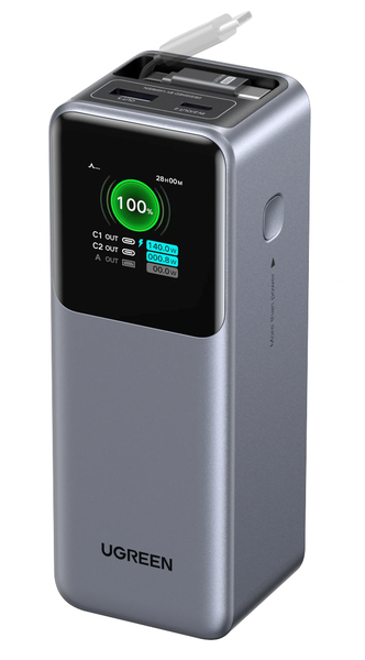 UGreen 20 000mAh 165W Nexode Power Bank With Retractable USB-C Cable - Grey
