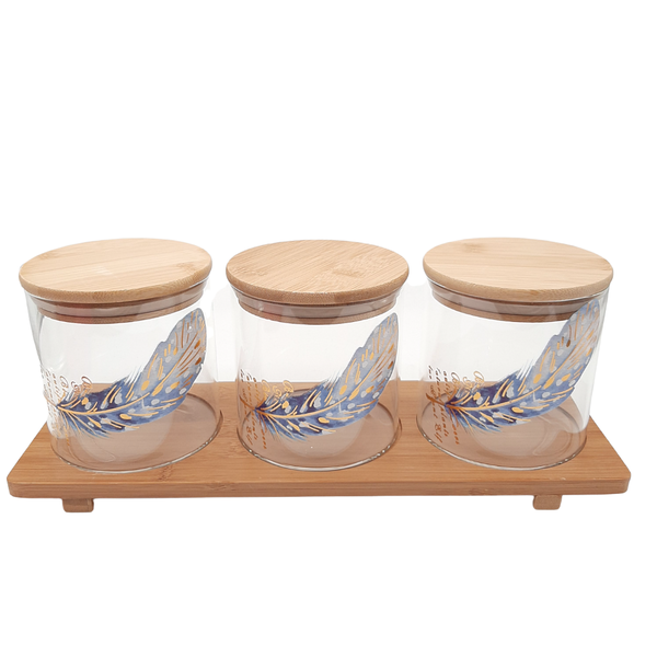 3pc Glass Jar Set on Wooden Stand - Feather Detail