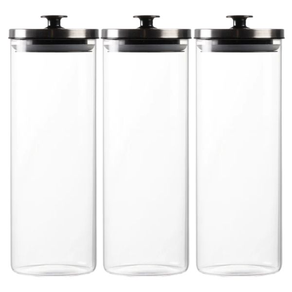 3 Piece Canister 1.3L 23x10cm Round Borosilicate Glass with Metal Lid