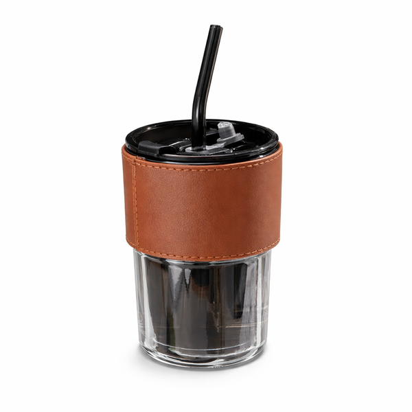 3 Pack - 450ml Glass Tumbler With PU Leather Sleeve &amp; Straw