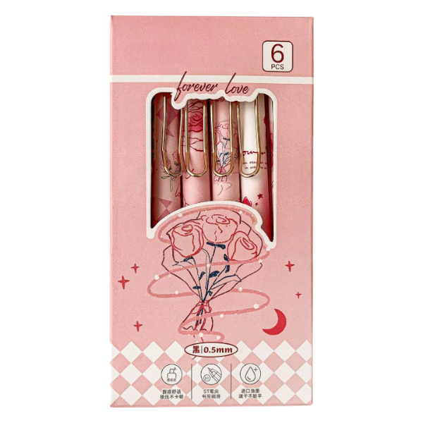 6Pcs Romantic Rose Luxe Ballpoint Pen Set - Pink