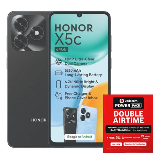 HONOR X5C 64GB LTE Dual Sim - Midnight Black + Vodacom SIM Card Pack