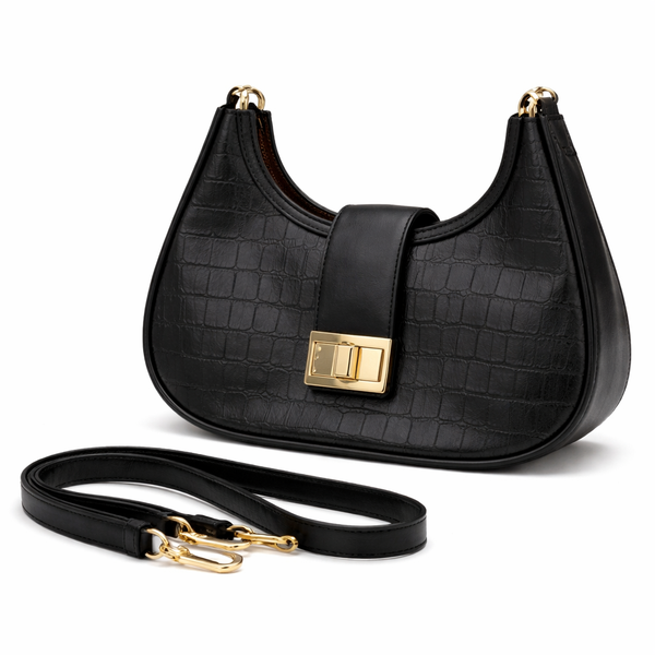 Women's Croc Pattern Shoulder &amp; Crossbody Handbag - Black