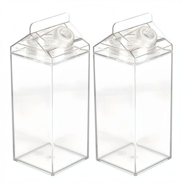 2Pieces Milk Carton Water Bottles Clear Square Milk Bottles 1900ML Plastic Box