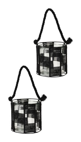 2 Piece Tea-light Holders - Glass With Weaved Rope And Metal - Large