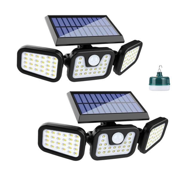 2x Solar Security Flood Light 3 Adjustable Heads With 12W Rechargeable Bulb