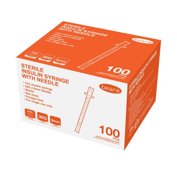 Beare 1ml Sterile Insulin Syringe 30G 8mm Needle - Pack of 100 Medical Use