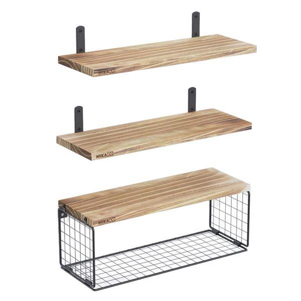 MIkaco Wall-Mounted Wood Floating 3 Shelves with a Metal Wire Basket