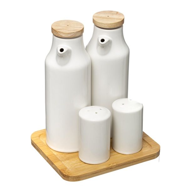 Five 5 Piece Ceramic Oil / Vinegar &amp; Salt / Pepper Set with Bamboo Base