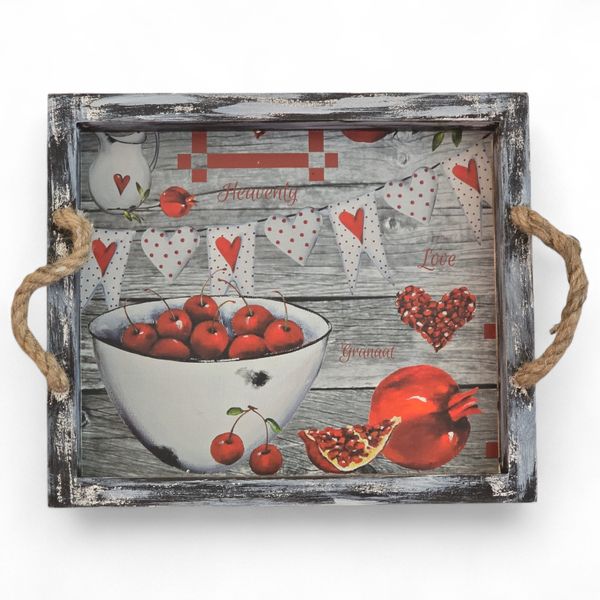 Handmade Wooden Tray with Pomegranate &amp; Cherry Motif