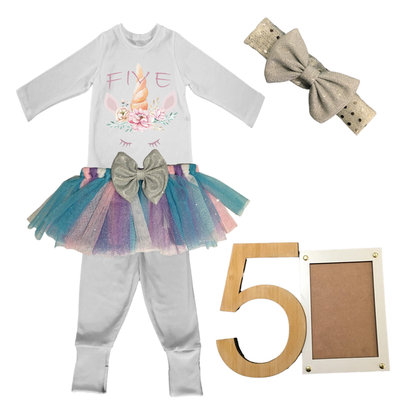 5th Birthday- Bright Unicorn Tutu Outfit with Headband And Photo Frame