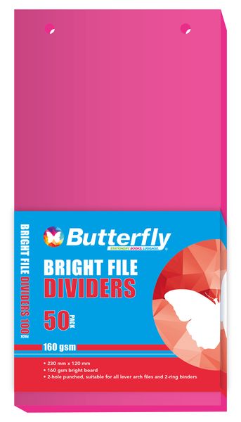 Butterfly File Divider 120mm X 230mm Bright Board - Pack Of 50 Pink