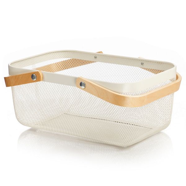 Large Modern Black Steel Mesh Basket With Double Wooden Handles For Multiple Use