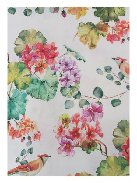 White Tablecloth with Colourful Hortensia and Birds 145x320cm (8-10 Seater)