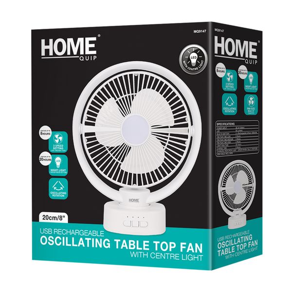 Home Quip USB Rechargeable Oscillating Tabletop Fan White with Centre Light