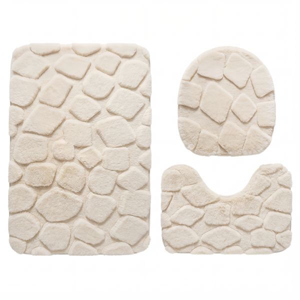 3 Piece Plush Bathroom Mat Set Toilet Lid Cover &amp; Contour Rug