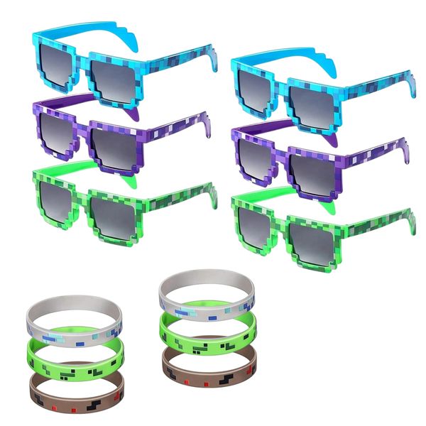 Pixel Style Sunglasses and Silicone Wristbands Set - Gaming Party Favors
